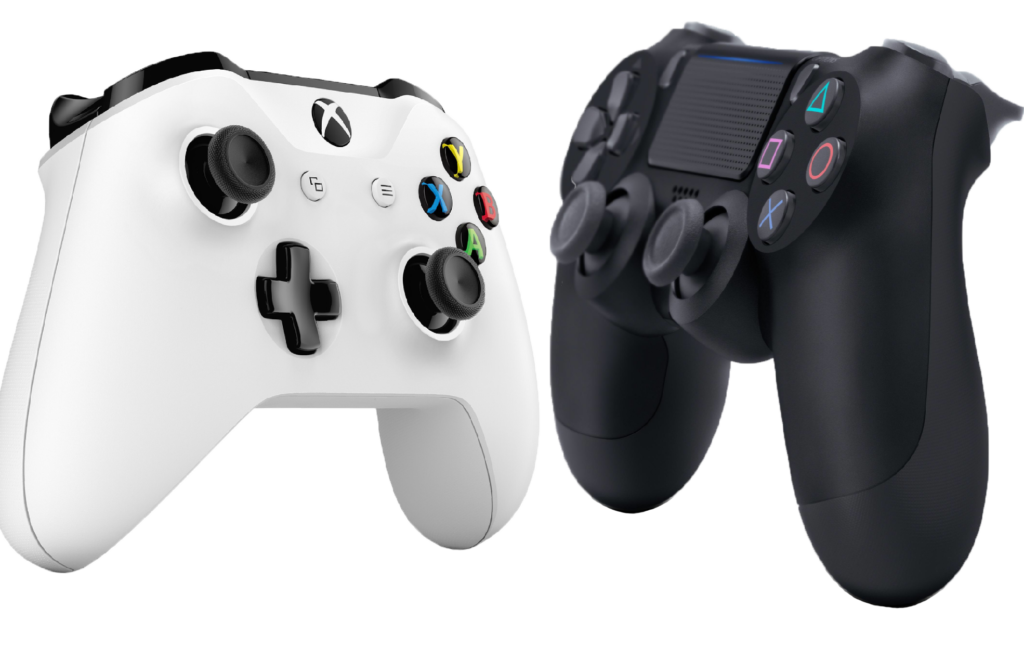 Xbox One manette blanche et manette PS4 noire
