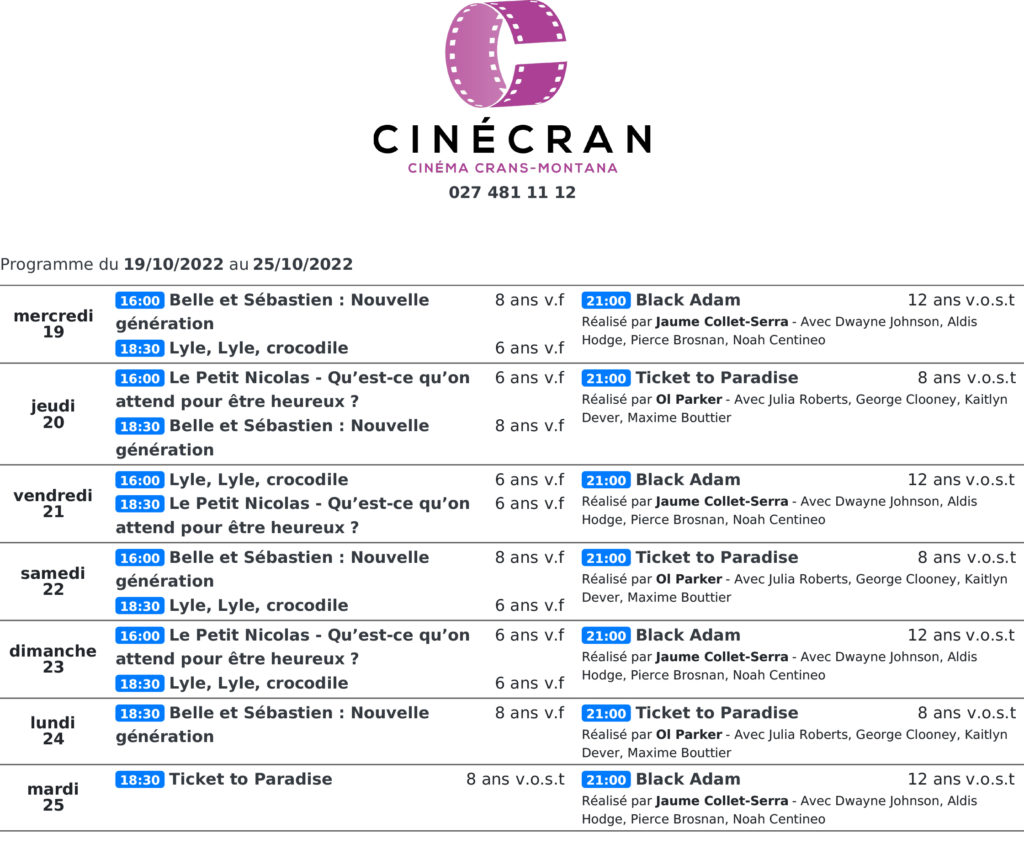 Cinémas de Sierre : Le programme de la semaine n°43