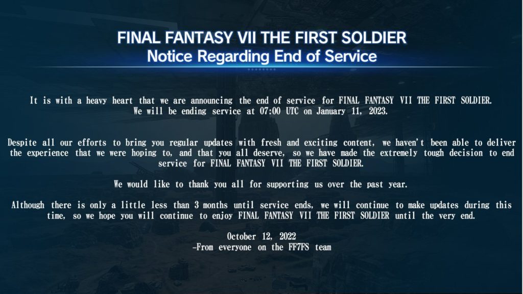 Final Fantasy VII: The First Soldier va fermer ses portes