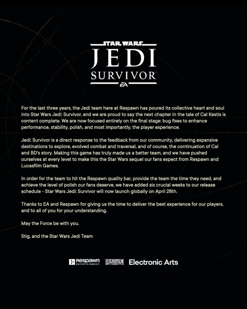 Star Wars Jedi: Survivor est repoussé