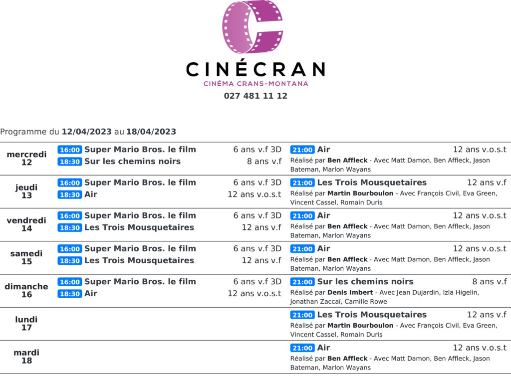 Cinémas de Sierre : Le programme de la semaine n°16