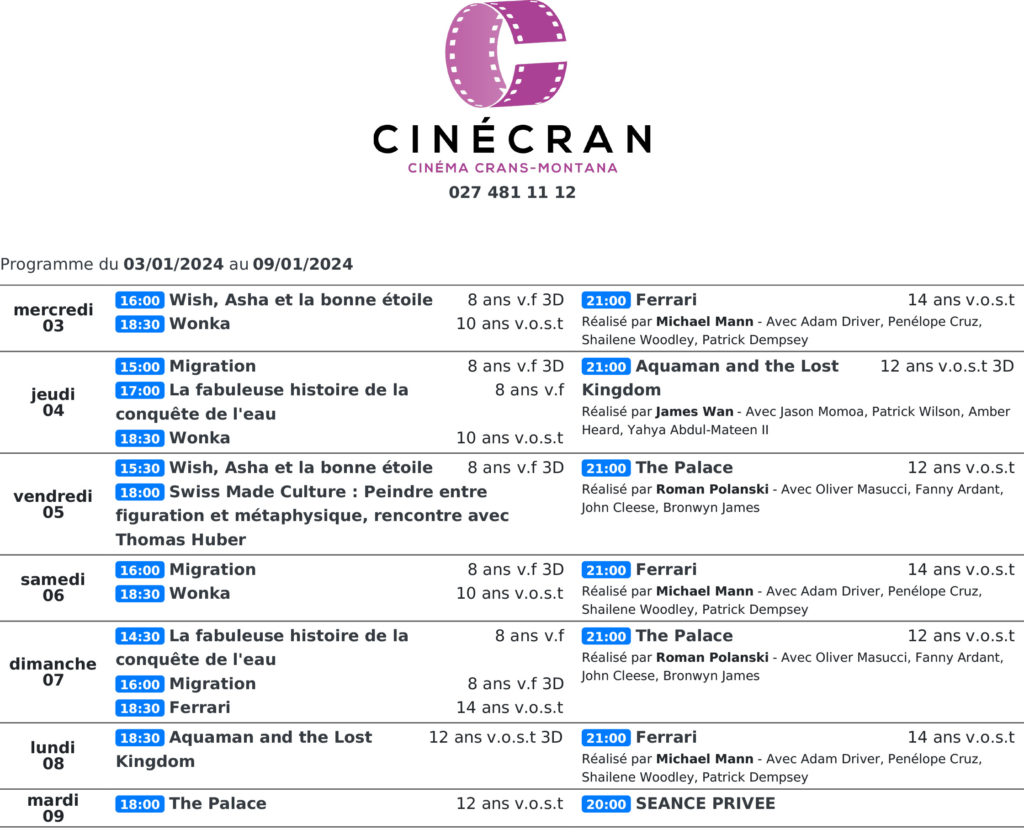 Cinémas de Sierre : Le programme de la semaine n°02