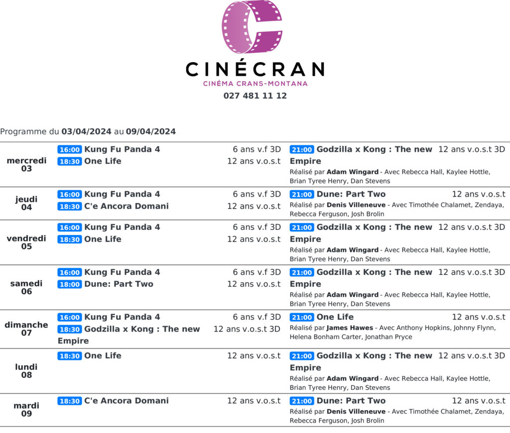 Cinémas de Sierre : Le programme de la semaine n°15