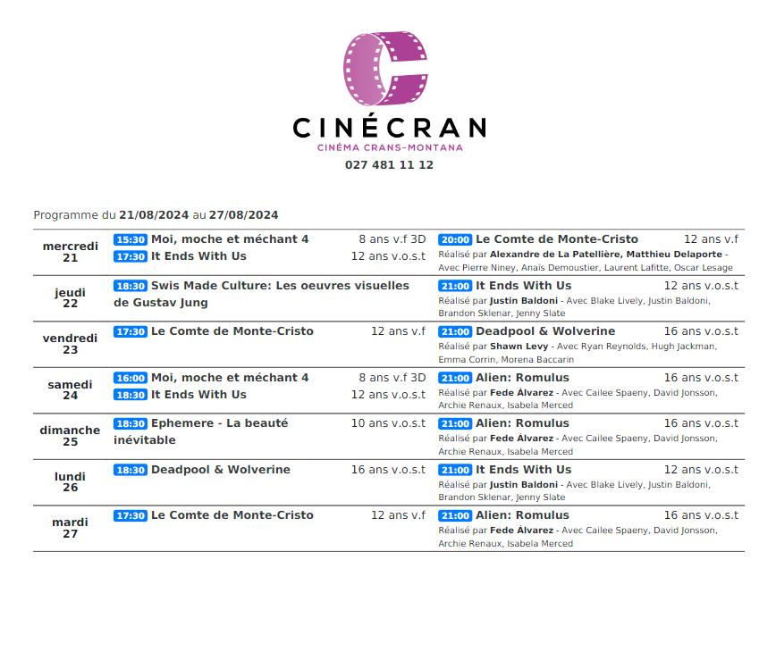 Cinémas de Sierre : Le programme de la semaine n°35