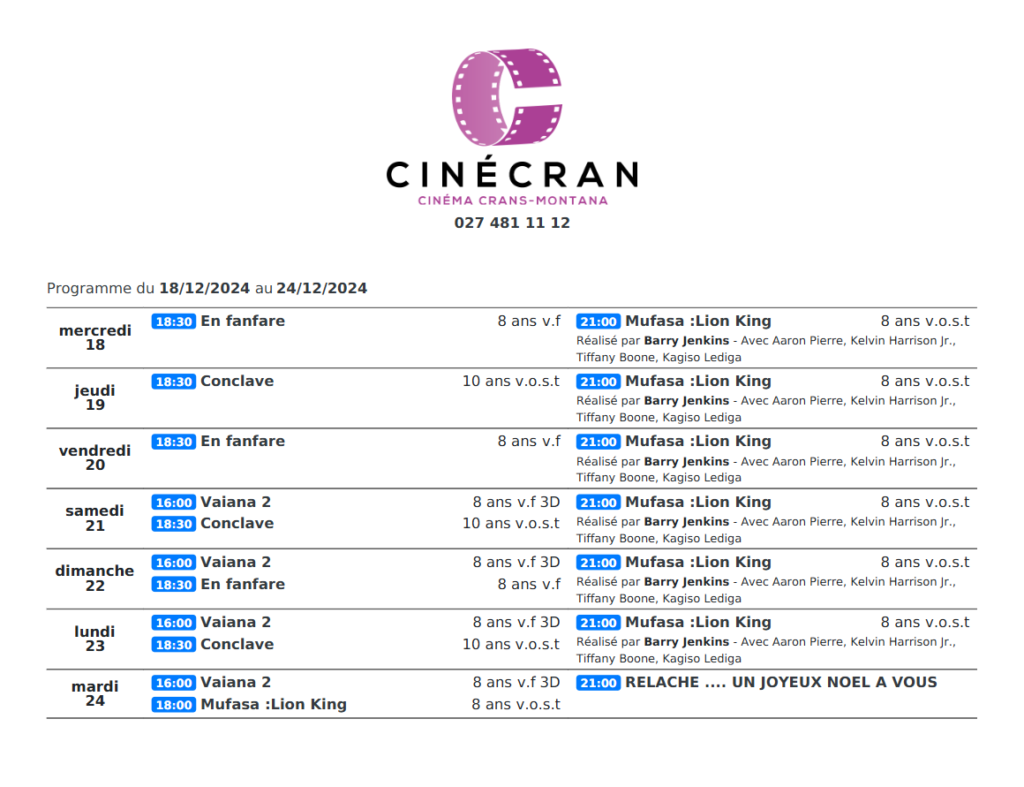 Cinémas de Sierre : Le programme de la semaine n°52