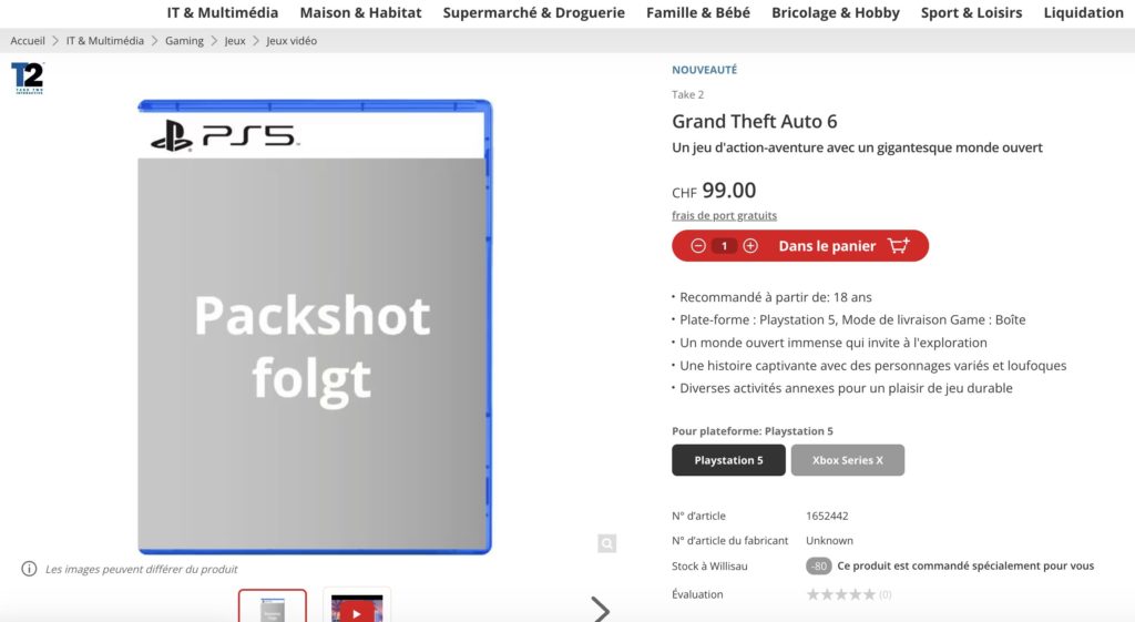 GTA 6 listé à 100 CHF sur le site suisse brack.ch ! 