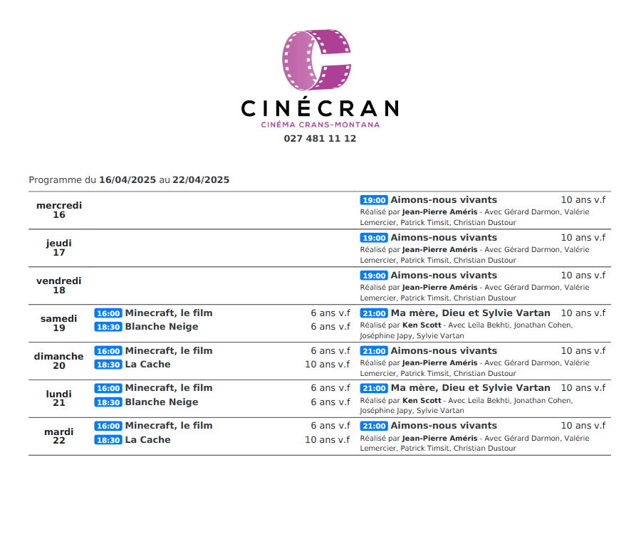 Cinémas de Sierre : Le programme de la semaine n°17