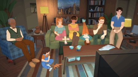 Paralives : une grande famille dans le salon regardant la télé