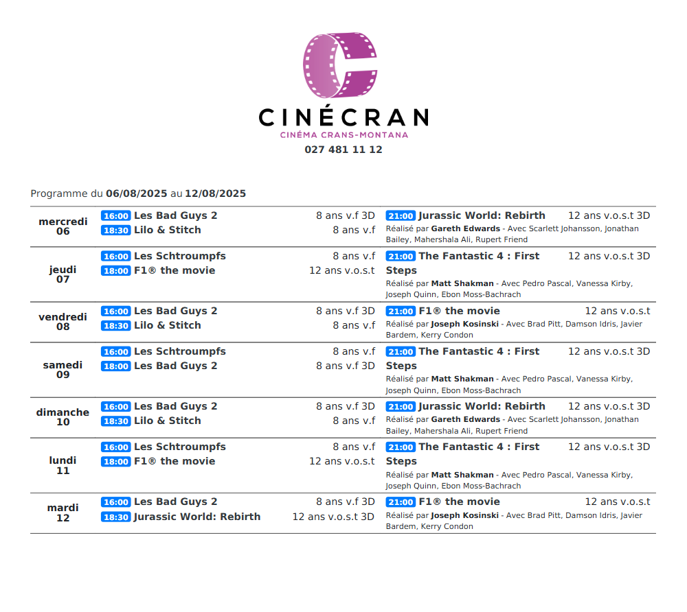 Cinémas de Sierre : Le programme de la semaine n°33