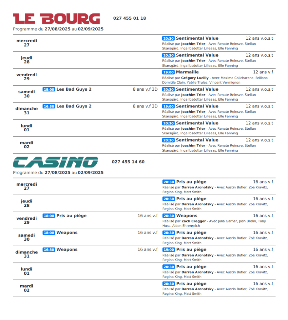 Cinémas de Sierre : Le programme de la semaine n°35